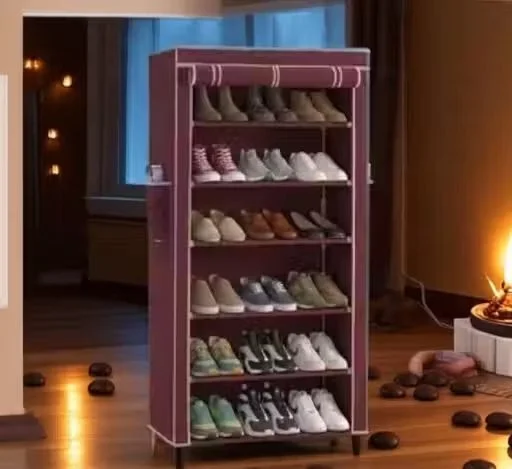 6 Tier Portable Shoe Rack for Home with Dustproof Maroon Fabric Cover Collapsible Multipurpose Storage Organizer for 18-24 Pairs Shoes Chappal Stand with Side Pockets DIY Foldable Footwear Cabinet ipshopy India image 1