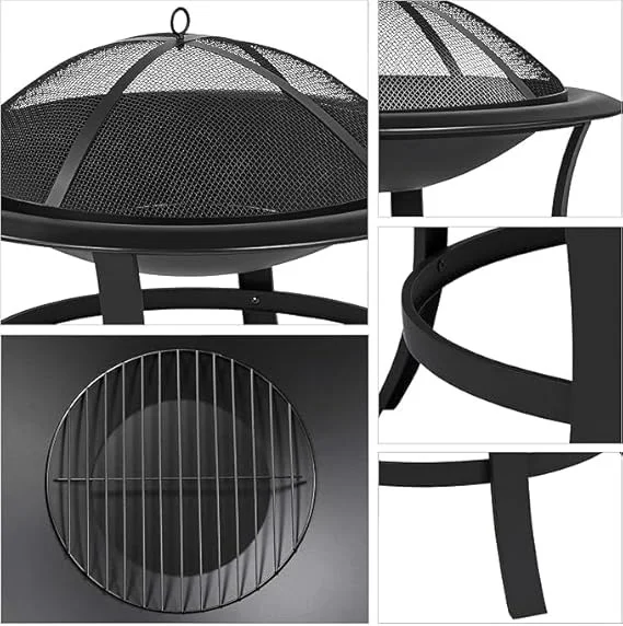 Meejon Heavy Duty Outdoor Fire Pit Iron Fire Bowl with Mesh Spark Guard & Poker Black Wood Burning Smokeless Bonfire Heater for Patio Garden Balcony Camping Heating image 4