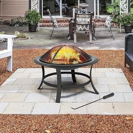 Meejon Heavy Duty Outdoor Fire Pit Iron Fire Bowl with Mesh Spark Guard & Poker Black Wood Burning Smokeless Bonfire Heater for Patio Garden Balcony Camping Heating image 1