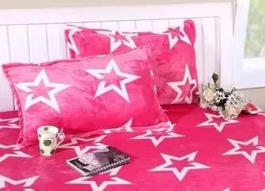 Pink Star Printed Double Bed Bedsheet with 2 Pillow Covers Soft Microfiber Bedding Set King Size Warm Winter Bedspread for Home Bedroom Hotel Use India thumbnail 1
