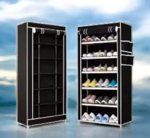 7 Tier Foldable Shoe Rack with Dustproof Cover Multi Purpose Space Saving Storage Organizer for Home Office Bedroom Metal Pipe Plastic Connectors Black Colour Portable Lightweight Footwear Stand for 21 Pairs image 1
