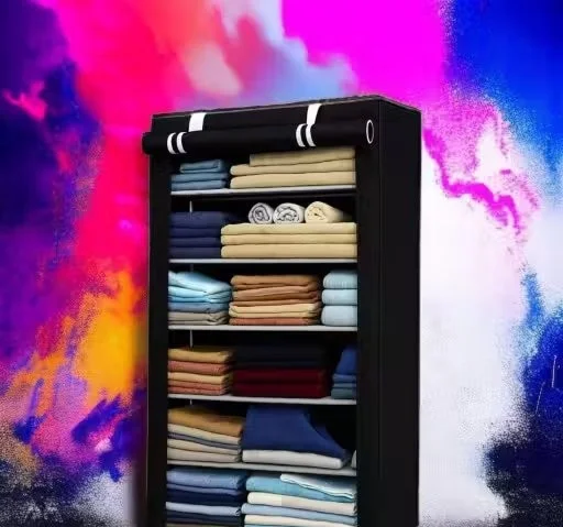Multi Purpose 6 Tier Portable Folding Collapsible Wardrobe with Non-Woven Fabric Cover and Metal Pipes Sturdy Clothes Storage Organizer Rack for Home and Bedroom Black Color High Capacity Space Saving Almirah for Hanging and Stacking Outfits image 1