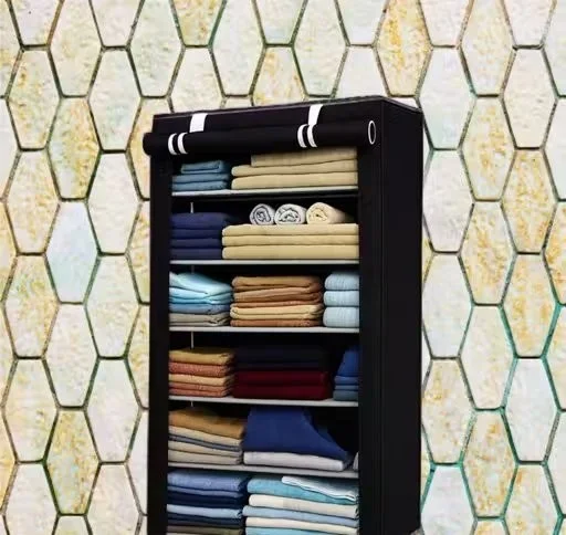 Multi Layer Fancy Fabric Wardrobe for Clothes with Dustproof Cover and Durable Metal Pipes Portable Collapsible Storage Organizer Rack for Home and Bedroom Black Colour 6 Shelves image 1