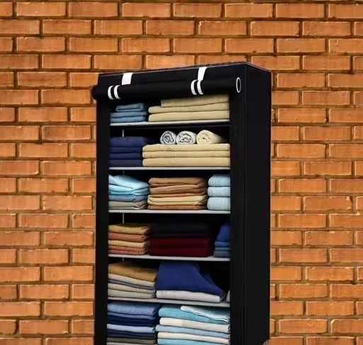 Portable Fabric Wardrobe Closet with Zipper Cover 6 Shelf Clothes Storage Organizer Cabinet Foldable Cloth Almirah Rack for Bedroom Home Garment Storage Black image 1