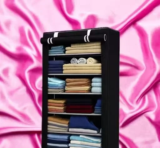 Portable Non Woven Fabric Wardrobe Closet Storage Organizer with Zipper Cover and Steel Frame 6 Shelf Foldable Cloth Storage Cabinet for Clothes Bedding Garments Home Bedroom Storage Rack image 1
