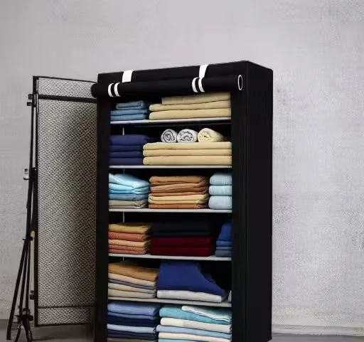 Foldable Non Woven Fabric Clothes Storage Wardrobe Cabinet with Metal Frame 5 Shelf Portable Cloth Organizer Almirah Dustproof Cover for Bedroom Home Storage Black image 1