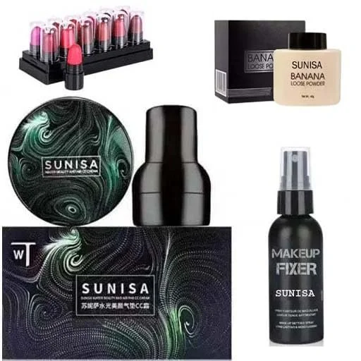 Sunisa Air Cushion CC and BB Cream Foundation with Mushroom Head Sponge + 12 Mini Lipsticks Professional Makeup Combo Neutral Finish Long Lasting Waterproof Base Powder Coverage for All Skin Tones India image 1