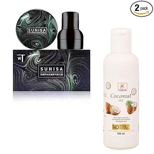 Sunisa Mushroom Head Air Cushion CC Cream Foundation + Coconut Oil Makeup Remover 100ml Combo Waterproof Long Lasting Concealer Moisturising Natural Finish Face Base Makeup Kit image 1