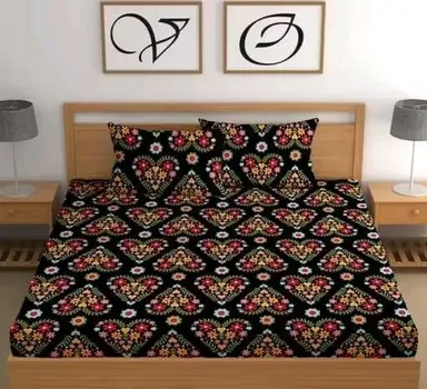 Aarvi Elastic Fitted Bedsheet Double King Size with Pillow Covers Glace Cotton Printed Bed Sheet Soft Breathable Wrinkle Free Mattress Cover India thumbnail 1
