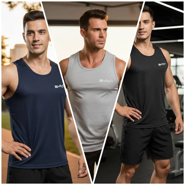 Whey Fit Men's Slim Fit Workout Stringer | High-Performance Polyester Sportswear PACK OF 3 image 1