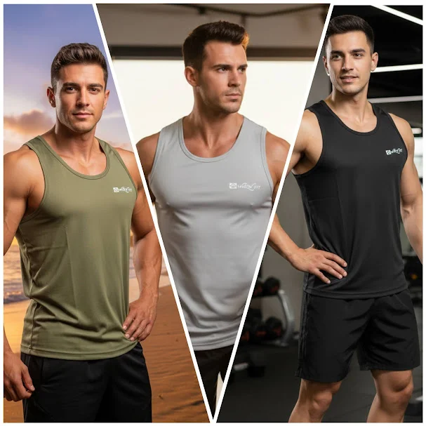 Whey Fit Men's Slim Fit Workout Stringer | High-Performance Polyester Sportswear PACK OF 3 image 1