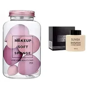 Professional Makeup Soft Beauty Blender Sponge Set 7 Pieces With Storage Jar + SUNISA Banana Loose Powder Face Setting Powder Oil Control Smooth Finish Makeup Combo image 1