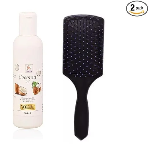 Coconut Hair Oil 100ml with Paddle Hair Brush Comb Set for Hair Growth Hair Fall Control Scalp Nourishment Smooth Detangling Hair Care Kit for Men Women India image 1