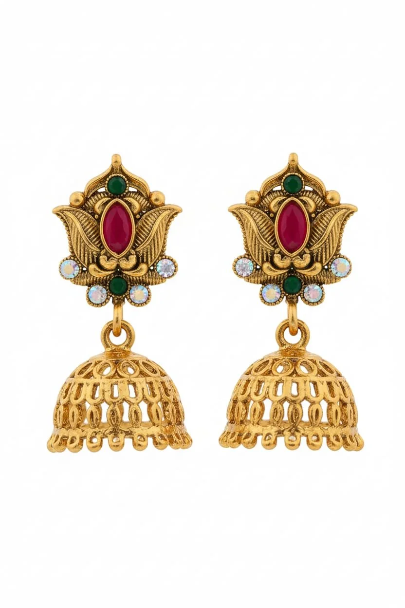 Traditional Gold Plated Antique Jhumka Earrings for Women with Ruby Pink and Emerald Green Stones Floral Leaf Motif South Indian Temple Jewellery Ethnic Party Wear Jhumki Design image 1