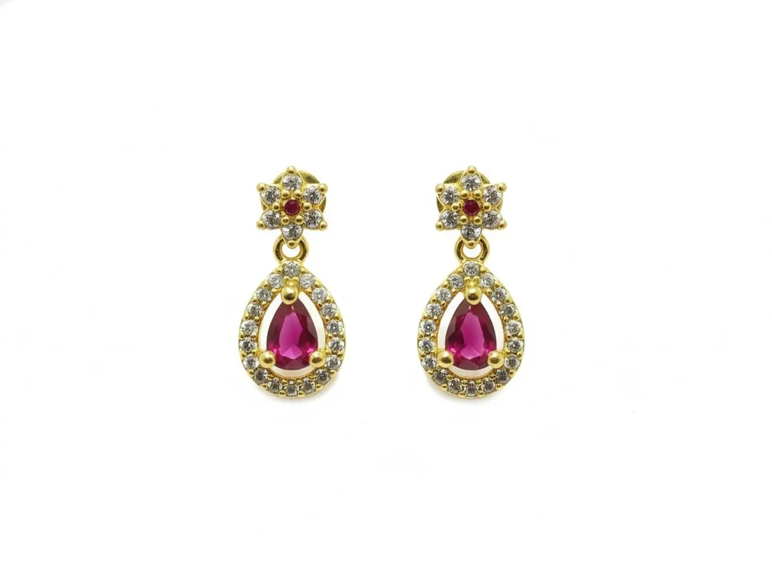 Gold-Plated Teardrop Earrings with Ruby Pink Stones and Cubic Zirconia Floral Studs Traditional Indian Ethnic Jewelry for Women and Girls Elegant Wedding Party Wear Accessory Premium Finish Lightweight Drop Earrings with Push Back Closure for Gifting image 1