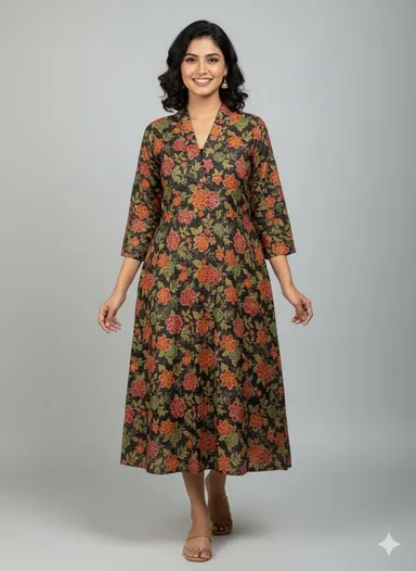 Premium Black F Kurti Dress in Dark Green & Red Flo FeatureDetailMaterial100% Breathable CottonStyleA-Line / Flared AnarkaliPrintMulticolour Floral (Black Base)NecklineV-NeckSleeves3/4 SleevesLengthCalf LengthTransparencyOpaque (No lining needed)Wash  thumbnail 0