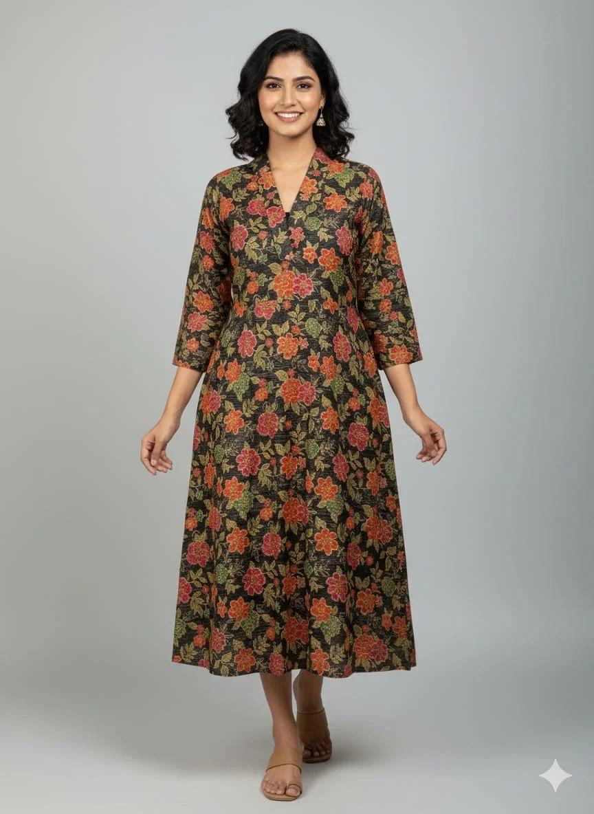 Premium Black F Kurti Dress in Dark Green & Red Flo FeatureDetailMaterial100% Breathable CottonStyleA-Line / Flared AnarkaliPrintMulticolour Floral (Black Base)NecklineV-NeckSleeves3/4 SleevesLengthCalf LengthTransparencyOpaque (No lining needed)Wash image 1