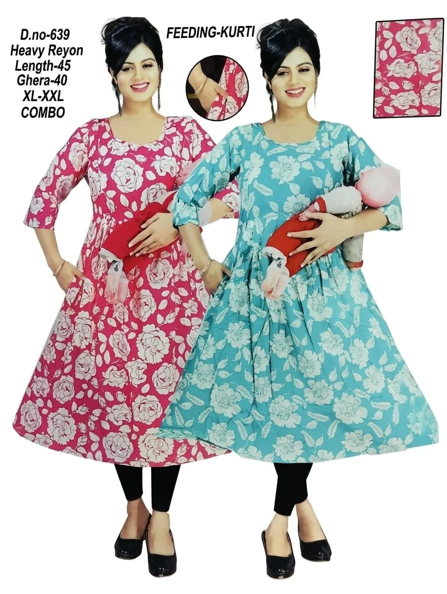 Maternity Feeding Kurti Combo Pack of 2 Floral Print Heavy Rayon Zipped Nursing Dress for Mothers Women Breastfeeding Wear with Concealed Zippers XL-XXL Size Floral Rose Pink and Turquoise Blue Ethnic Gown for Post Pregnancy Comfort Maternity Feeding Kurt image 1