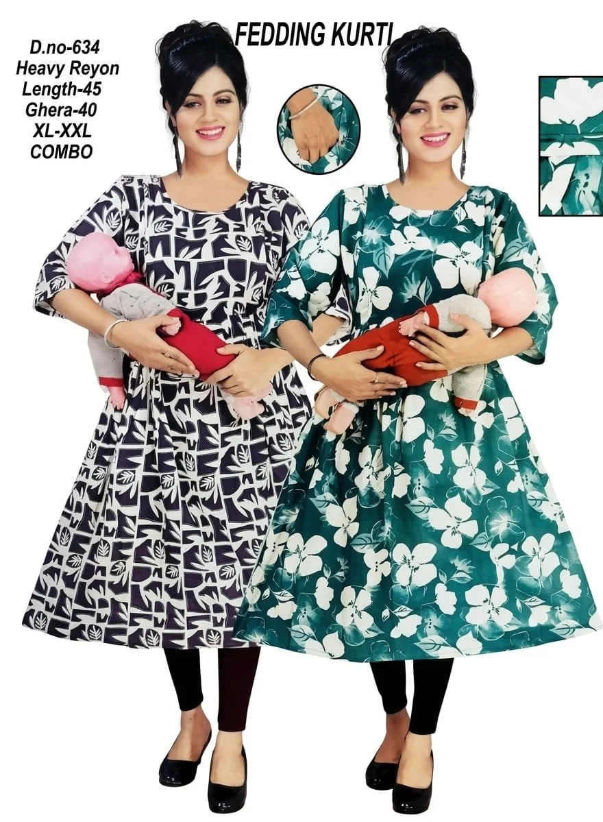 Pack of 2 Maternity Feeding Kurtis Heavy Rayon Abstract & Floral Print Breastfeeding Dresses with Zippers for Women XL-XXL Combo "Maternity ethnic wear for breastfeeding" Why: This captures users searching for "feeding suits," &qu image 1