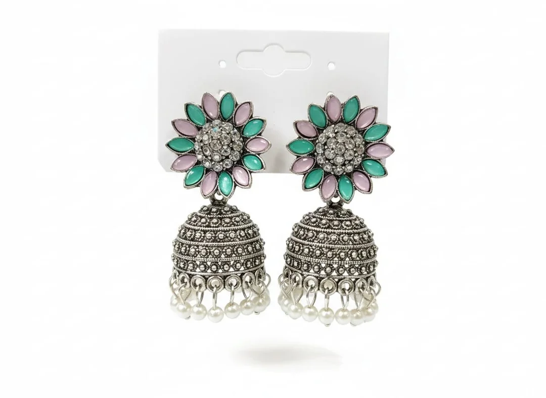 Silver Oxidised Floral Jhumka Earrings with Pink and Green Stone Petals and White Pearl Droplets for Women Traditional Rajasthani Style Party Wear Meenakari Jewellery image 1