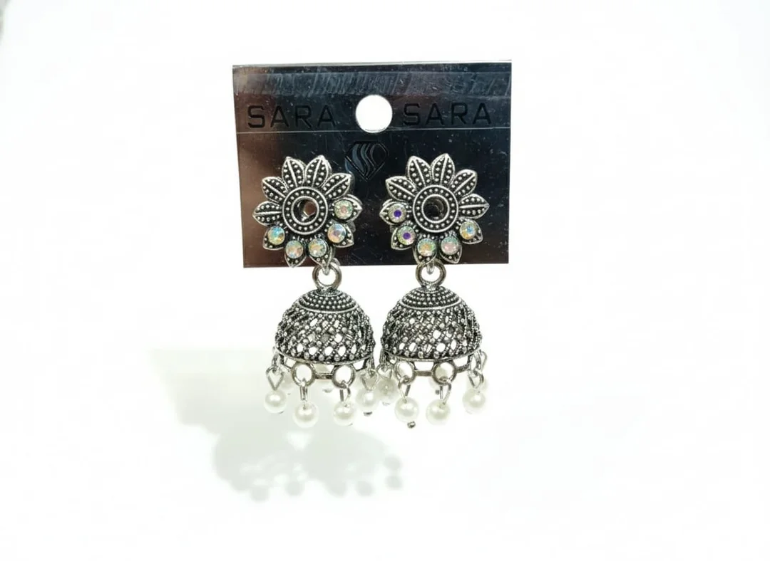 Sara Silver Oxidised Jhumka Earrings with White Pearl Drops and Floral Studs for Women and Girls Traditional Ethnic Jewellery Set for Weddings Parties and Festive Wear Stylish Antique Finish Flower Design Earrings image 1