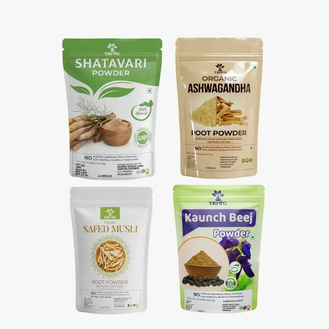 Ayurvedic Ashwagandha Safed White Musli Kaunch Seed Shatavari Herbal Wellness Powder Combo Pack 4 Natural Immunity Stamina Vitality Supplement India image 1