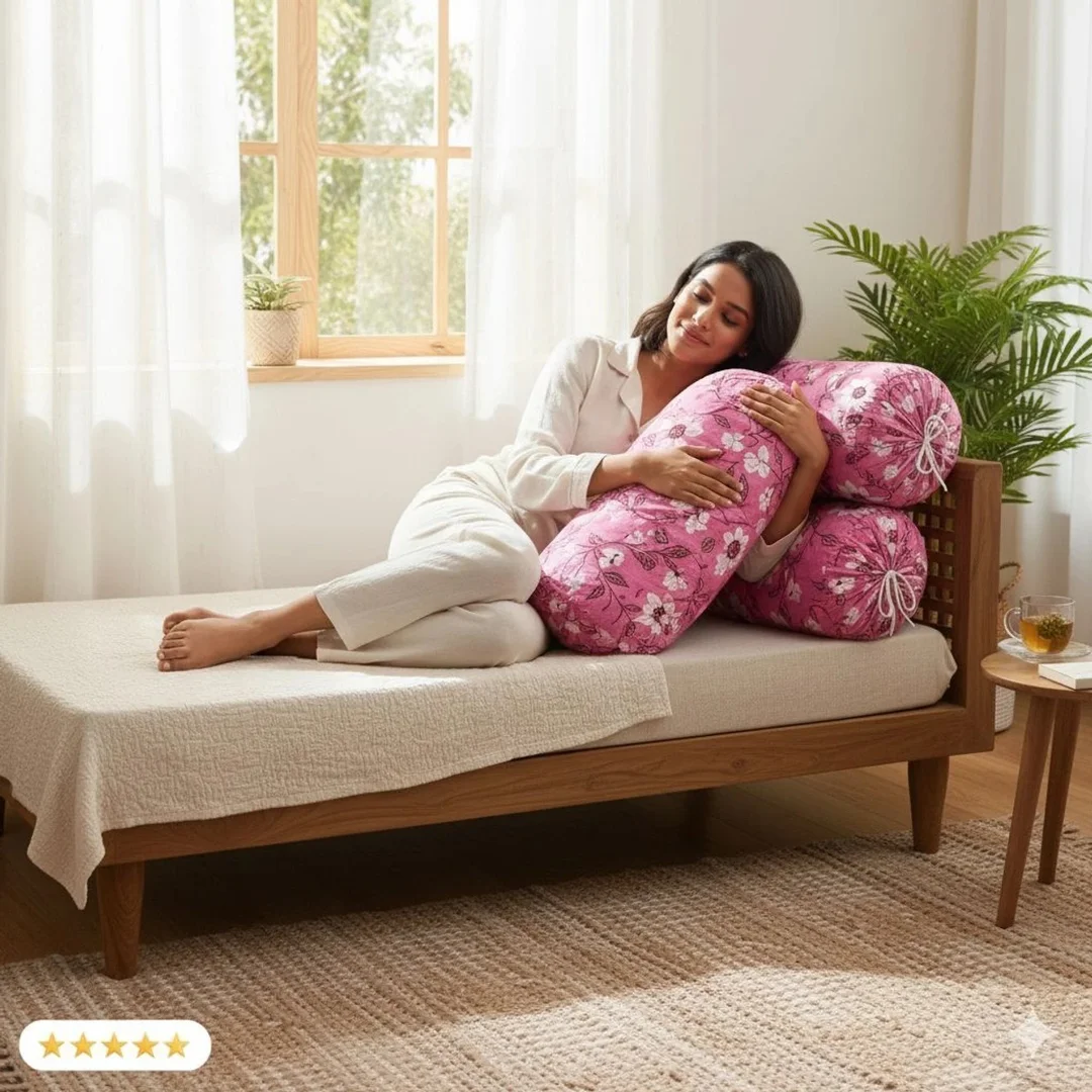 Premium Cotton Floral Bolster Pillow Set 2 Pieces Pink White Decorative Body Cushion for Bed Sofa Yoga Support Home Comfort Soft Durable India image 2