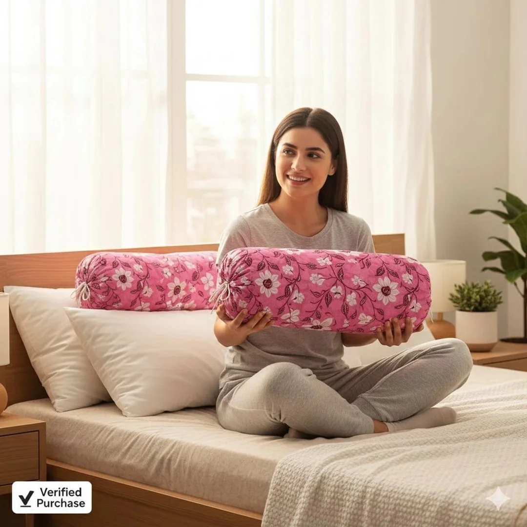Premium Cotton Floral Bolster Pillow Set 2 Pieces Pink White Decorative Body Cushion for Bed Sofa Yoga Support Home Comfort Soft Durable India image 3
