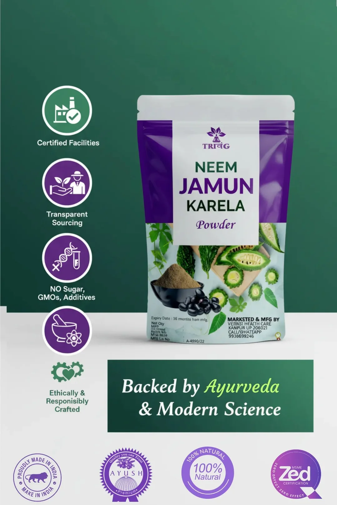 Trivang Organic Neem Karela Jamun Powder for Blood Sugar Management, Diabetes Support, Cholesterol Control, Detox, Eye Health, 150g Vegetarian Herbal Supplement for Men & Women image 2