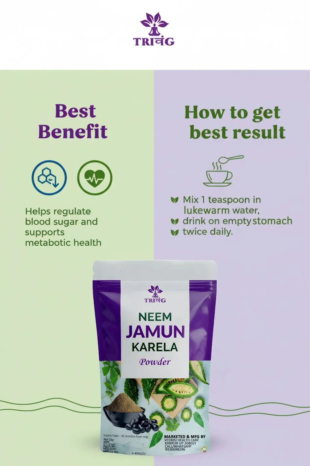 Trivang Organic Neem Karela Jamun Powder for Blood Sugar Management, Diabetes Support, Cholesterol Control, Detox, Eye Health, 150g Vegetarian Herbal Supplement for Men & Women image 3
