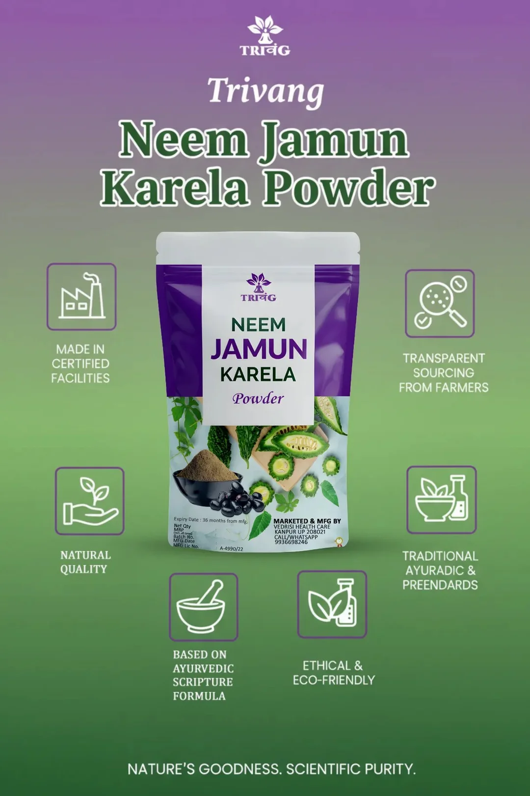 Trivang Organic Neem Karela Jamun Powder for Blood Sugar Management, Diabetes Support, Cholesterol Control, Detox, Eye Health, 150g Vegetarian Herbal Supplement for Men & Women image 4