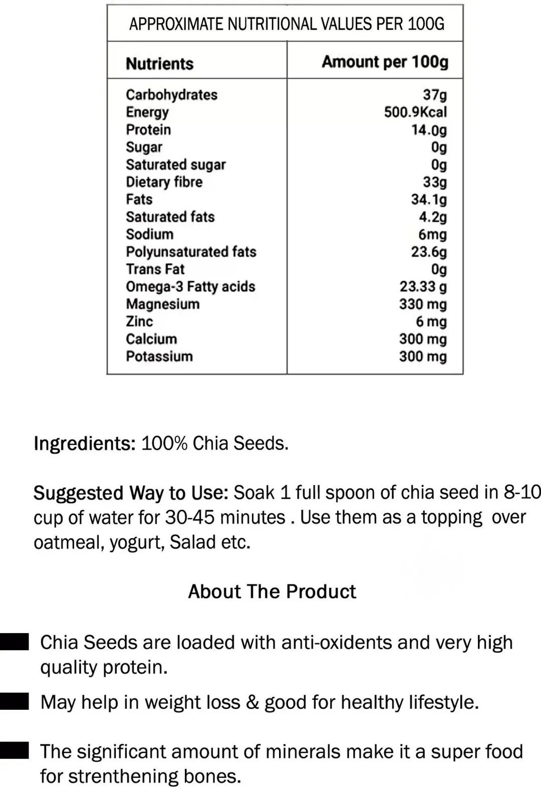 Trivang Raw Chia Seeds 500g Natural Organic Superfood High Fibre Weight Management Energy Booster Omega 3 Rich Antioxidants Heart Health India image 2