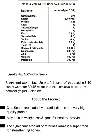 Trivang Raw Chia Seeds 500g Natural Organic Superfood High Fibre Weight Management Energy Booster Omega 3 Rich Antioxidants Heart Health India thumbnail 1