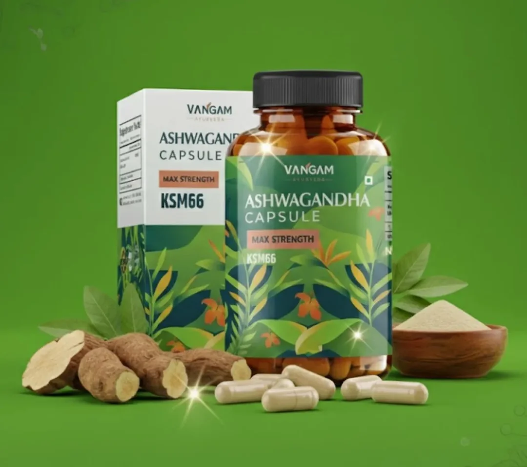 Vangam Ashwagandha Capsules 60 Count Ayurvedic Stress Relief Supplement for Energy Stamina Immunity Testosterone Boost Herbal Adaptogen for Men Women India image 3