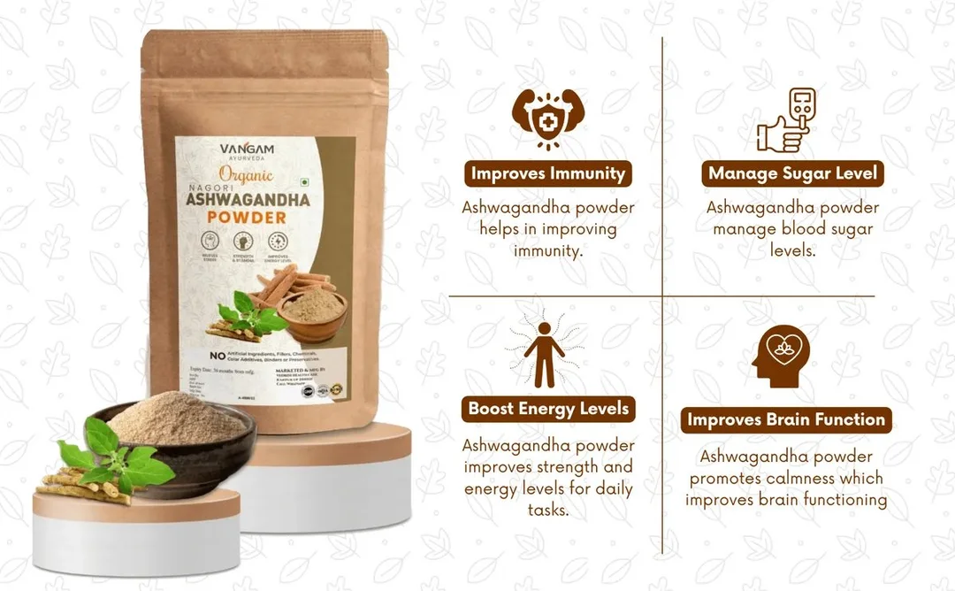 Vangam 100% Pure Ashwagandha Powder 100g Natural Herbal Supplement for Stress Relief Strength Immunity Boost Ayurvedic Adaptogen for Men Women image 4
