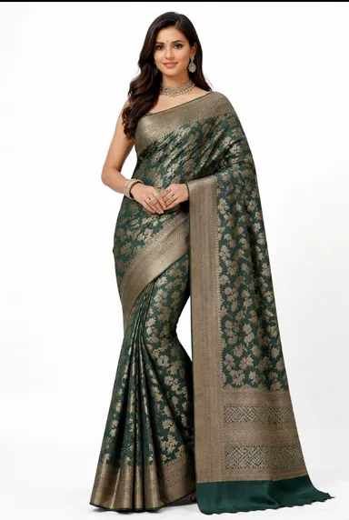 Premium Dark Bottle Green Kanjivaram Soft Silk Saree for Women with Antique Gold Zari Floral Butta Work and Heavy Designer Pallu | Bottle Green Kanjivaram Soft Silk Saree - Antique Gold Zari Work | ipshopy Free Size thumbnail 0