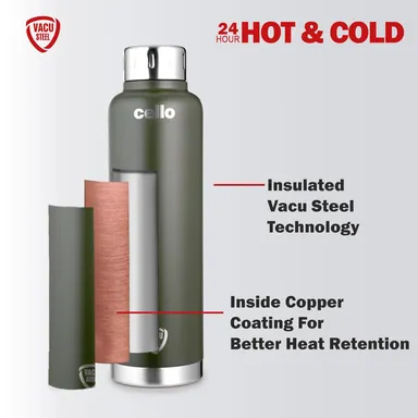 Cello Duro Top 750ml Thermosteel Insulated Flask – Leak-Proof, DTP Coated, Green thumbnail 3