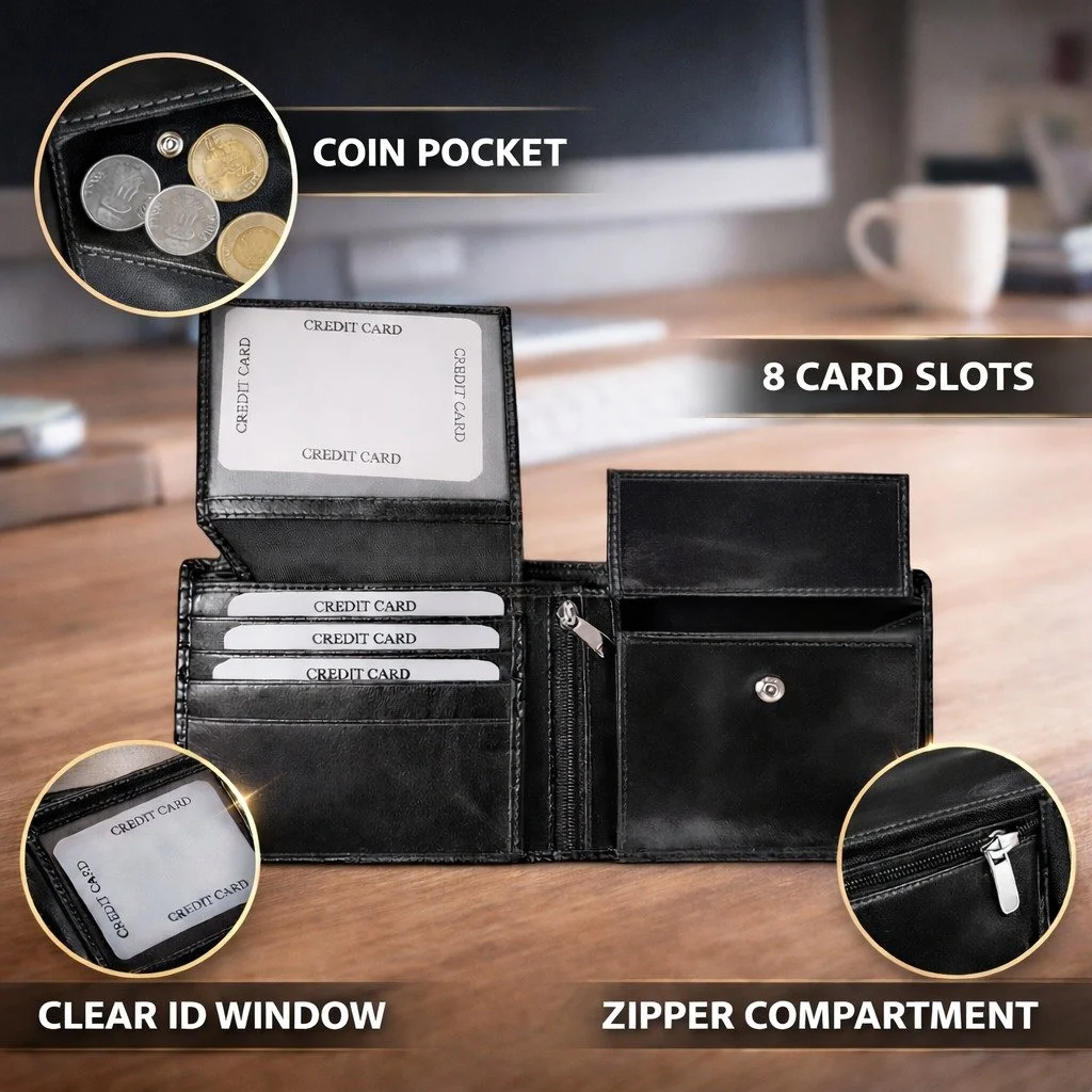 Sajahan Leather Black Leather Wallet, Durable Slim Wallet for Men & Women, Embossed Logo, Compact & Stylish Design, RFID-Blocking Wallet, High-Quality Leather for Everyday Use image 3