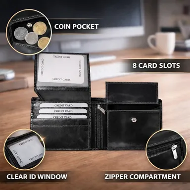 Sajahan Leather Black Leather Wallet, Durable Slim Wallet for Men & Women, Embossed Logo, Compact & Stylish Design, RFID-Blocking Wallet, High-Quality Leather for Everyday Use thumbnail 2
