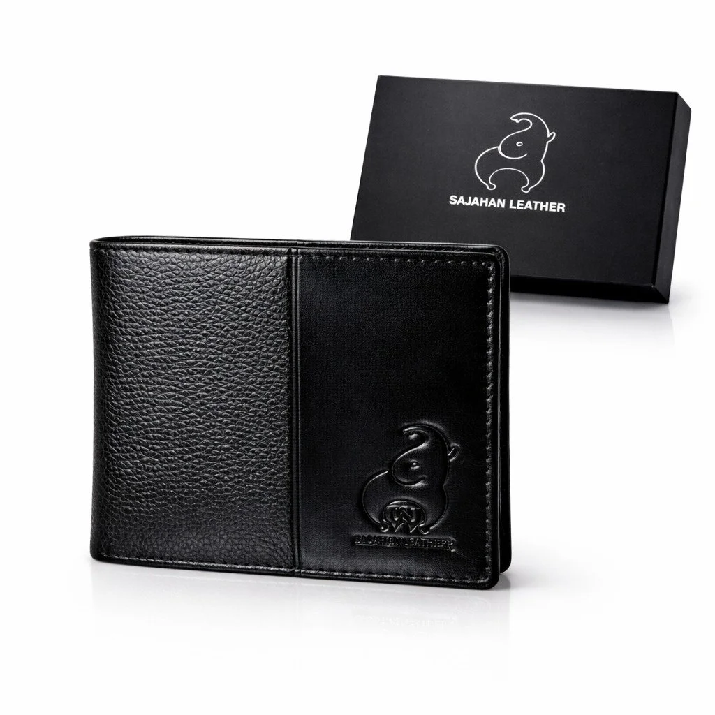 Sajahan Leather Black Leather Wallet, Durable Slim Wallet for Men & Women, Embossed Logo, Compact & Stylish Design, RFID-Blocking Wallet, High-Quality Leather for Everyday Use image 1