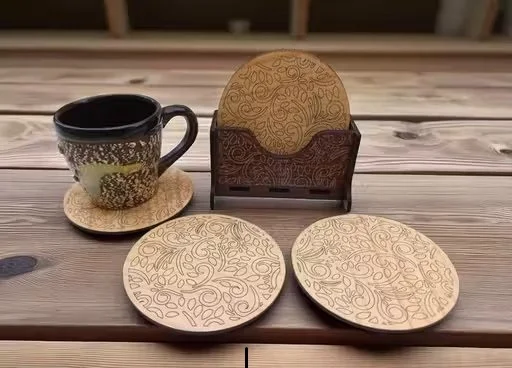 6-Pack Cream-Coloured Wooden Coasters with Intricate Leaf Design, Holder Included – Handcrafted, Non-Slip, Water-Resistant, Rustic Boho Home Décor for Tea, Coffee & Drinks – Durable Wooden Coaster Set for Dining Table & Kitchen" image 2