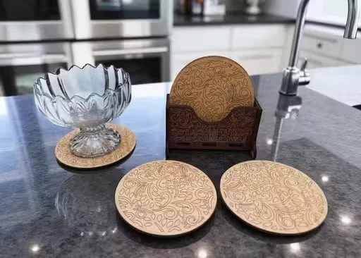 6-Pack Cream-Coloured Wooden Coasters with Intricate Leaf Design, Holder Included – Handcrafted, Non-Slip, Water-Resistant, Rustic Boho Home Décor for Tea, Coffee & Drinks – Durable Wooden Coaster Set for Dining Table & Kitchen" image 1