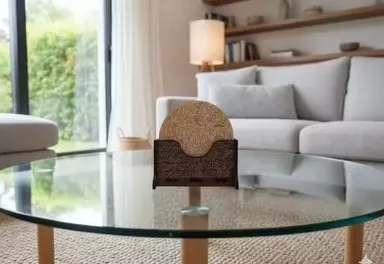 Premium 6‑Pack Wooden Coaster Set with Intricate Leaf Engraved Design and Stand Holder for Dining Table Protection | Rustic Cream Brown Natural Wood Coasters India thumbnail 1