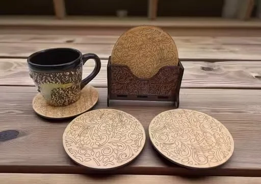Premium 6‑Pack Wooden Coaster Set with Intricate Leaf Engraved Design and Stand Holder for Dining Table Protection | Rustic Cream Brown Natural Wood Coasters India image 3