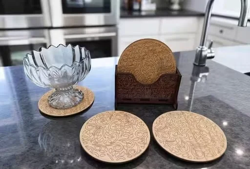 Premium 6‑Pack Wooden Coaster Set with Intricate Leaf Engraved Design and Stand Holder for Dining Table Protection | Rustic Cream Brown Natural Wood Coasters India image 4