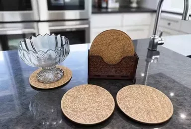 Premium 6‑Pack Wooden Coaster Set with Intricate Leaf Engraved Design and Stand Holder for Dining Table Protection | Rustic Cream Brown Natural Wood Coasters India thumbnail 3