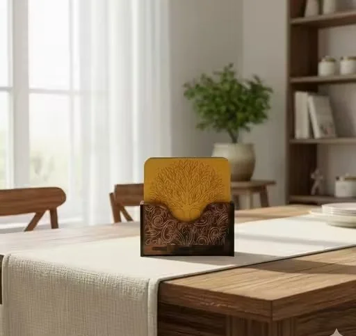 Wooden Engraved Napkin Holder with Designer Tree‑Engraved Napkins Stand | Rustic Solid Wood Table Tissue & Napkin Organiser for Dining Table Kitchen India image 2