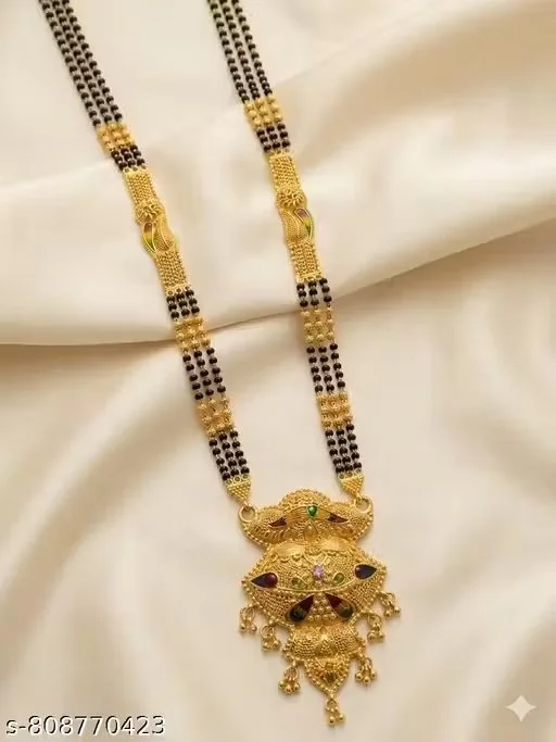 Gold Plated Maharashtrian Style Long Chain Black Beads Mangalsutra for Women Traditional Thali Tanmaniya Necklace Wedding Jewellery Ethnic Daily Wear Mangalsutra image 4