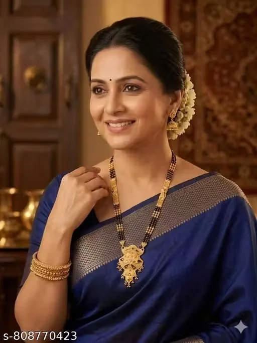 Gold Plated Maharashtrian Style Long Chain Black Beads Mangalsutra for Women Traditional Thali Tanmaniya Necklace Wedding Jewellery Ethnic Daily Wear Mangalsutra image 1