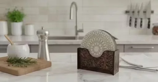Premium Mandala Cream Ceramic Drink Coaster Set Pack of 6 with Artistic Surface Protection Table Coasters for Home Kitchen Coffee Tea Party Decor Gift image 1